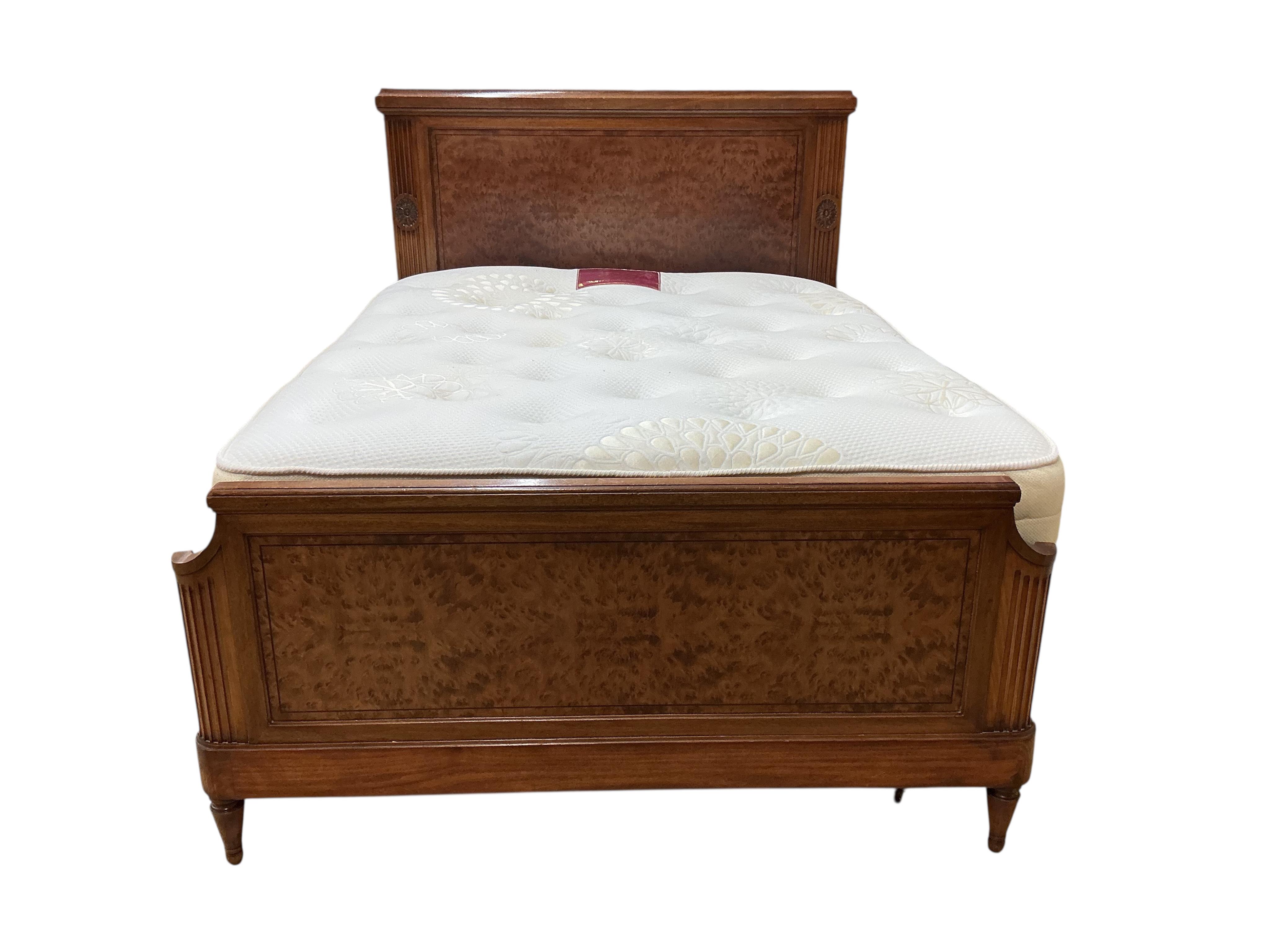 A French walnut and bird's eye maple double bed frame, with Majestic mattress, width 150cm, length 212cm, height 141cm